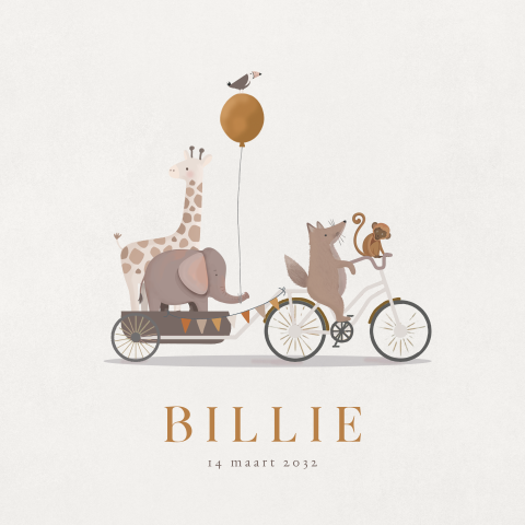 Geboortekaartje fiets met olifant giraf vosje 