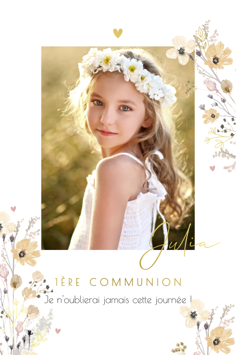 Carte remerciement communion avec photo, fleurs et coeurs