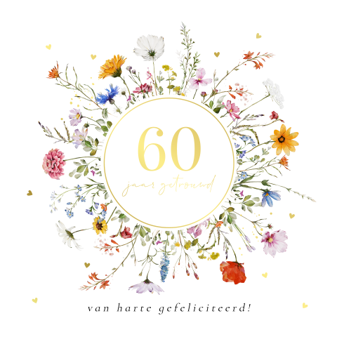Felicitatie kaart jubileum bloemen goudfolie 60 jaar getrouwd