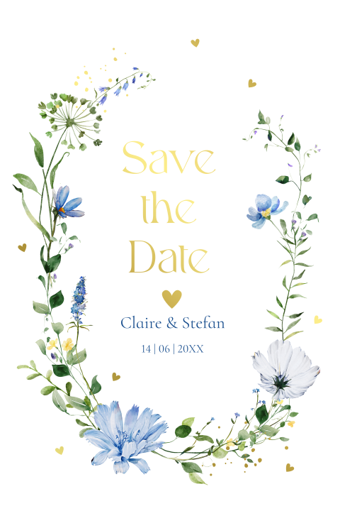 Save the Date kaart boog bloemen blauw