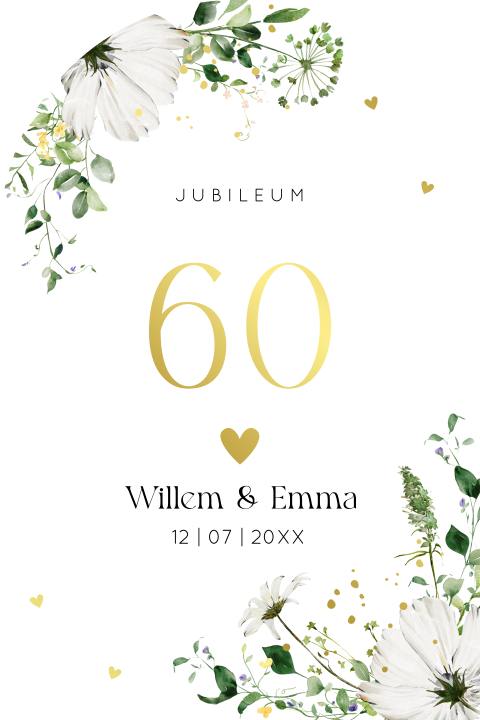 Jubileumkaart uitnodiging 60 jaar getrouwd botanisch groen goudfolie