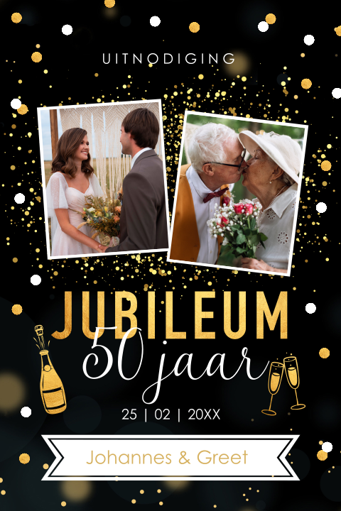 Jubileum uitnodiging 50 jaar getrouwd foto zwart goud confetti
