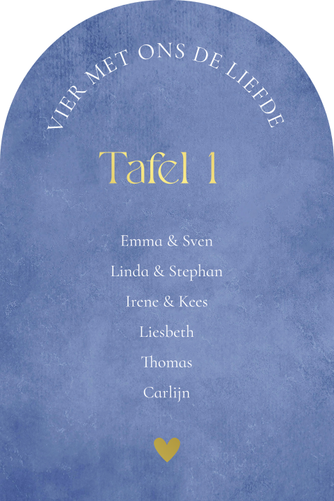 Tafelkaart bruiloft namen boog blauw goudfolie