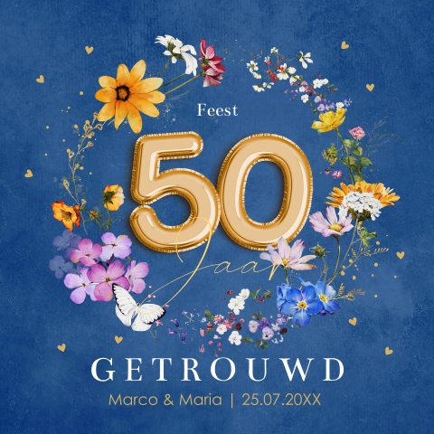 Uitnodiging jubileum huwelijk 50 jaar getrouwd bloemen blauw