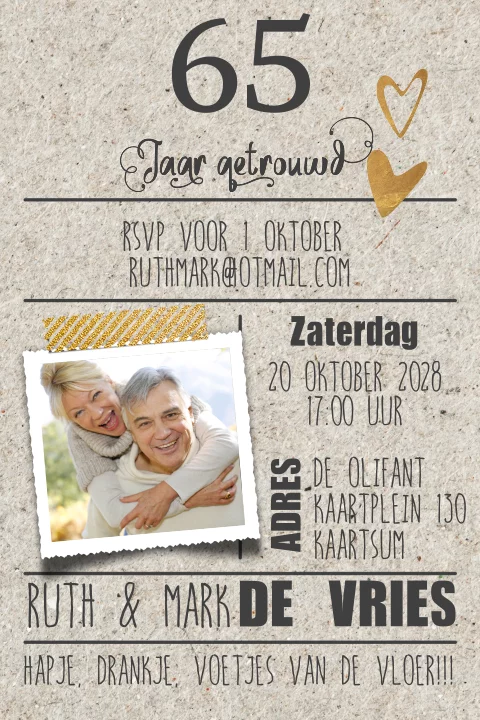 Uitnodiging 65 jaar samen met gouden details en typografie