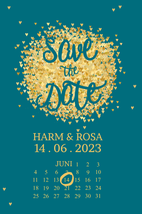 Save the date kaart met gouden hartjes en blauwe achtergrond