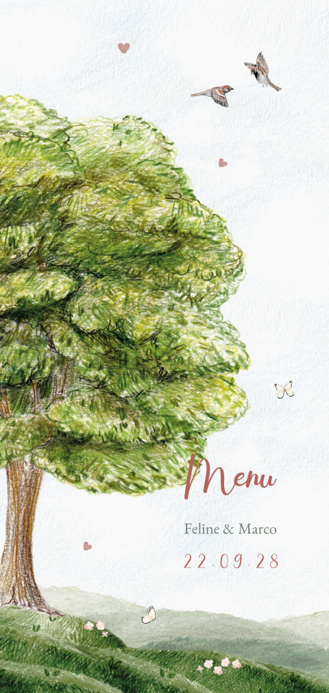 menukaart trouwlocatie met boom, vlinders en mussen