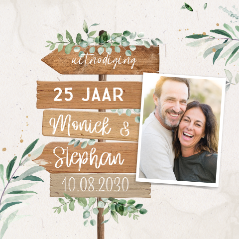 Botanische uitnodigingskaart 25-jarig huwelijksfeest met wegwijzer