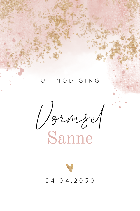 Vormsel uitnodiging met water color en gouden spetters