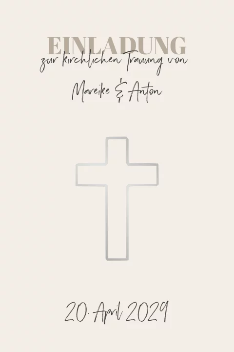 Hochzeitseinladung in beige mit Kreuz und Bibel in Silberfolie
