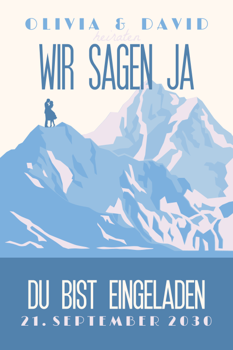 Hochzeitseinladung im Retro Filmplakat Look mit Bergmotiv