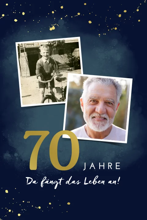 Einladung zum 70 Geburtstag mit glänzendem Gold und Fotos