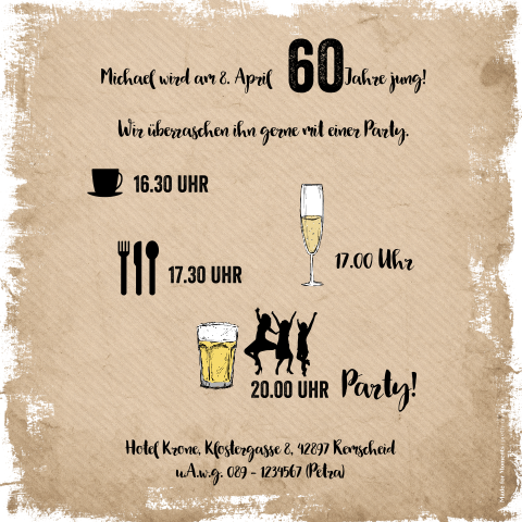 Humorvolle Einladung zum 60. Geburtstag mit Bierglas und Foto