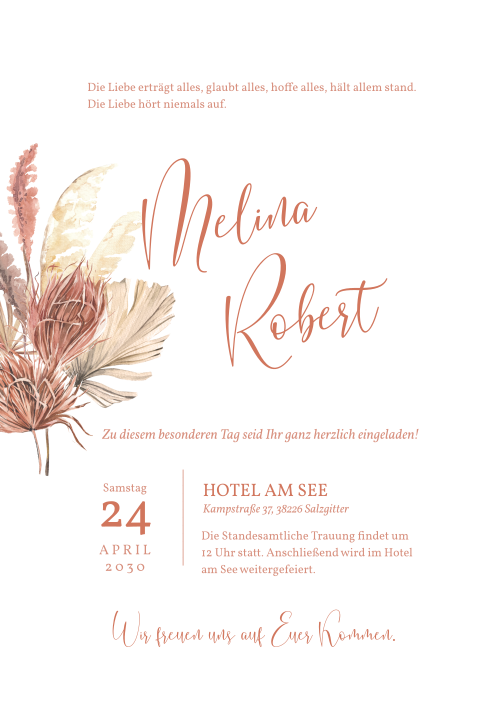 Schöne Hochzeitseinladung mit rosafarbenen Trockenblumen
