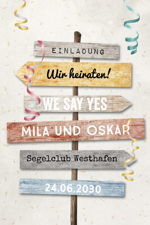Hochzeitseinladung in trendy Design mit Wegweisern