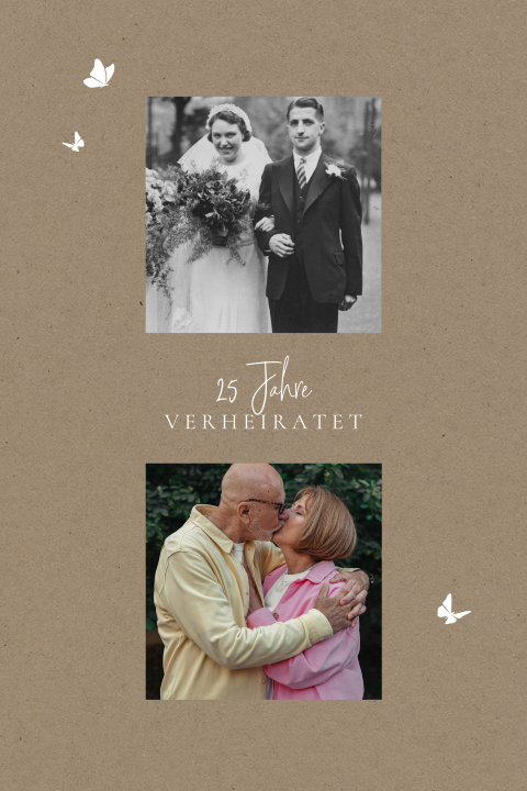 Karte zur Silbernen Hochzeit mit Foto, silbernen Schmetterlingen
