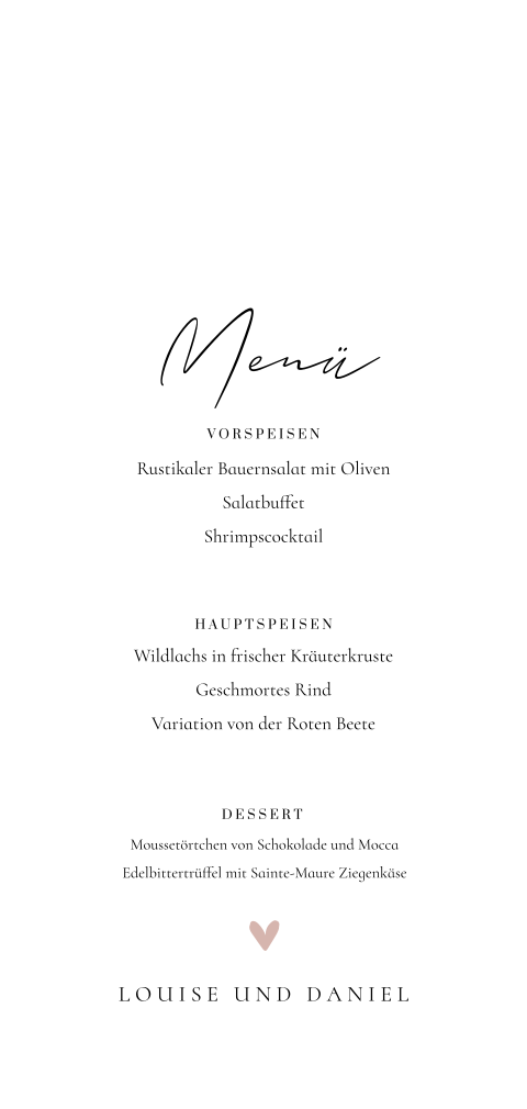 Minimalistische Menükarte in Weiß mit optionalen Namenskarten*