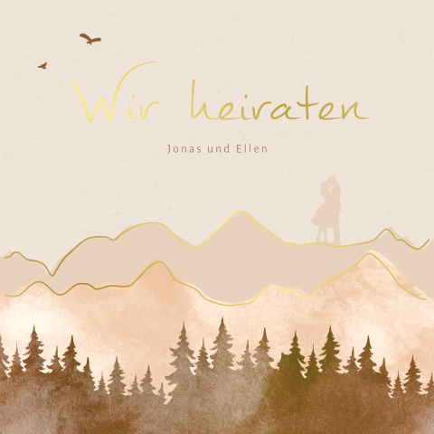 Romantische Einladungskarte zur Hochzeit mit Wald und Bergen