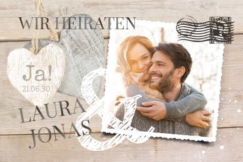 Romantische Hochzeitseinladung mit Foto und Briefstempel
