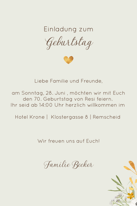 Einladungskarte mit Wegweiser zum 70. Geburtstag
