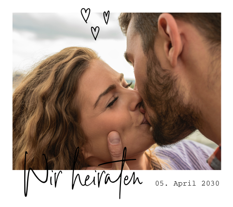 Hochzeitskarte im Polaroid-Look mit großem Foto und Herzen