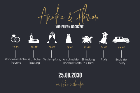 Moderne Hochzeitseinladung mit Zeitachse und Symbolen