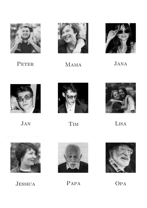 Namenskarten in Polaroid-Stil mit Fotos und optionaler Menükarte