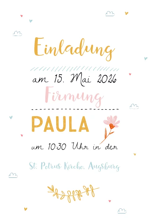 Einladung zur Firmung mit verspielten Schriftarten und bunten Farben