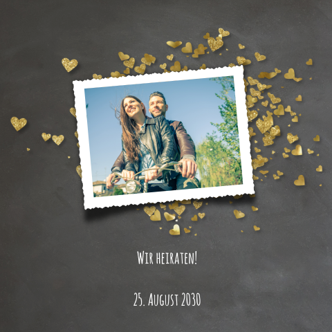 Modische Hochzeitskarte mit Foto und goldenen Herzen