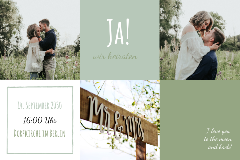Schöne Hochzeitseinladung mit grünen Farbflächen und Fotos