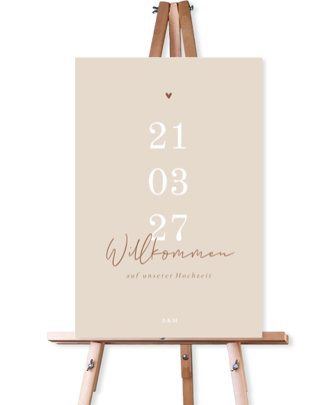 Willkommensschild Hochzeit in Beige mit großem Datum