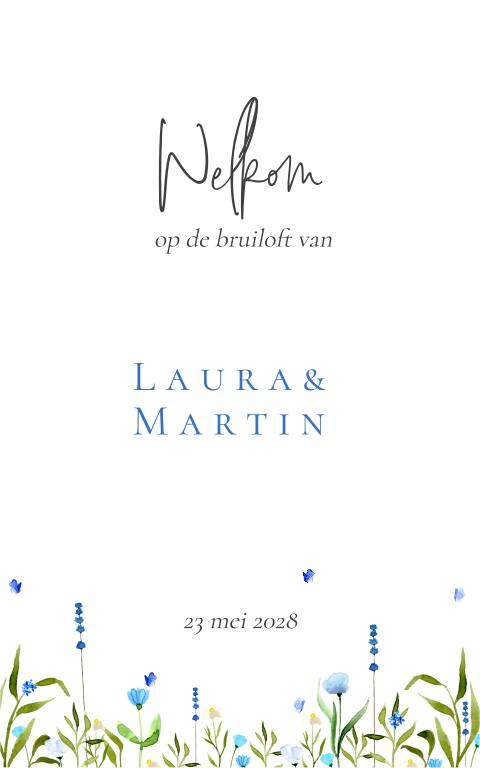Welkomstbord bruiloft blauwe bloemen vlindertjes waterverf